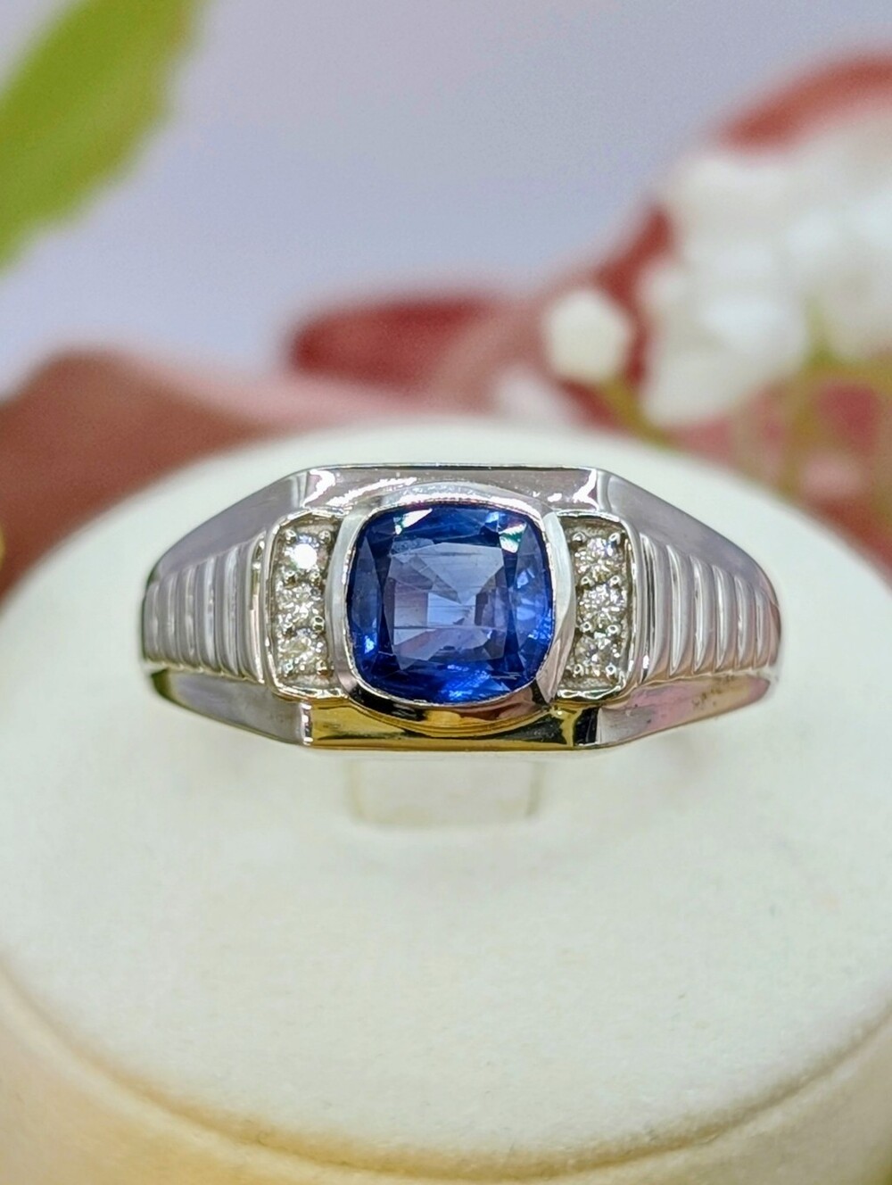 2ctw Men's Kashmir Kyanite & White Zircon Ring Rhodium Plated 925 Silver